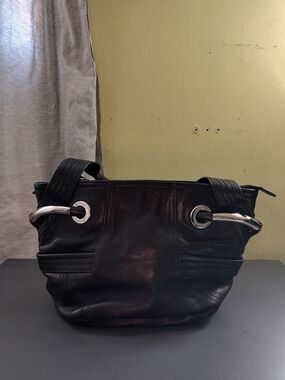 b. makowsky Black Leather Shoulder Bag with Silver-Tone Rings